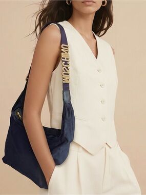 Vintage Moschino Nylon Shoulder Bag with Gold Logo Strap in Navy
